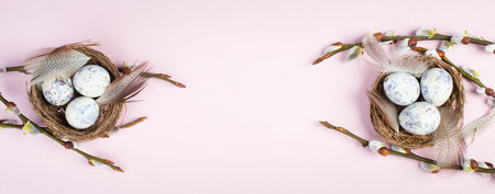Easter holiday background, nest with small eggs, branches of pussy willow, greeting card, spring...
