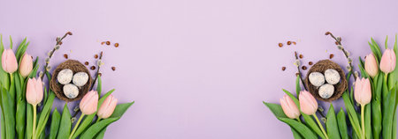 Nest with small eggs and pink tulips on a pastel colored background, easter holiday greeting card,...