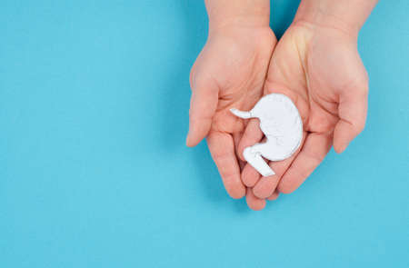 Holding a stomach in the hand, inflammation digestive system, gastrointestinal health issues, gastric cancer, copy space for textの写真素材