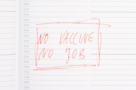 Paper wih the words no vaccine, no job, mandatory syringe, employee termination for anti jab