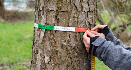 Ranger measures tree circumference with a tape, inspection by a forester in the spring, wood...