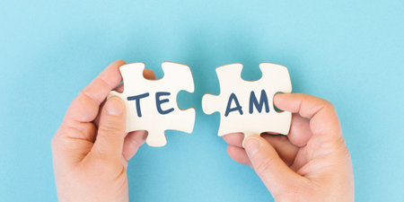 The word team is standing on puzzle pieces, connect the parts together, corporate in teamwork,...