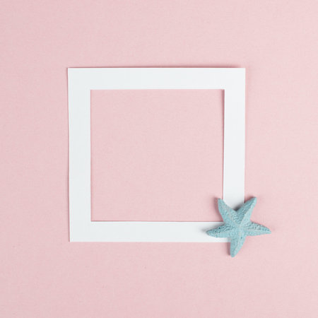 Vacation background with a frame, text box on a pastel rose colored background, holiday trip, greeting card with seas stars, summer season by the seaの写真素材