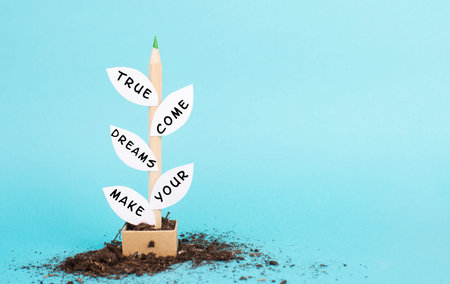 The phrase make your dreams come true is standing on the leaves of the plant, futuristic vision,...