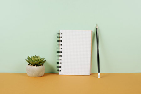Empty notebook with a pen and a cactus on an autumn colored background, brainstorming for new ideas,...