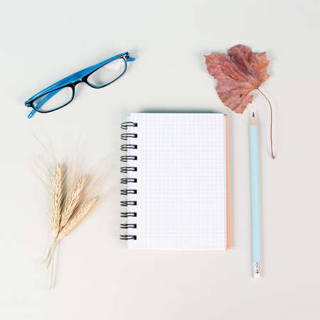 Empty notebook with eyeglasses, a pen and wheat autumn template with colorful leaves, office deskの写真素材