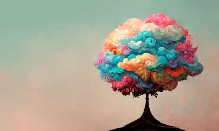 Colorful dreamlike tree with copy space, cloud in rainbow colors, abstract landscape, optimism conceptの写真素材