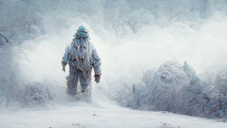 Yeti in the snow covered Himalaya mountains, mysterious furry creature walking in the frozen nature, Illustrationの写真素材