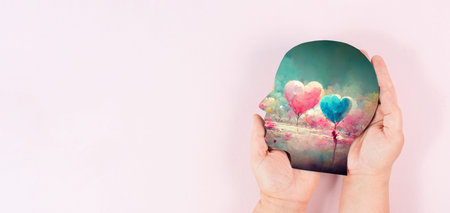 Holding a head with a colorful heart in the hands, symbol of love and positive emotion, charity and supportの写真素材