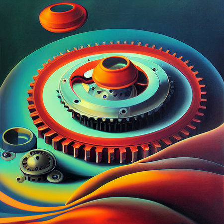 Illustration of colorful cogwheels, brainstorming and creative concept, gear wheels rotation in...