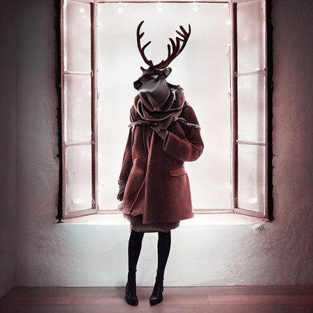 Surreal hybrid creature Elaphocentaurs half woman half deer in mythologie standing in front of an open window, winter season with snow, christmas, illustrationの写真素材