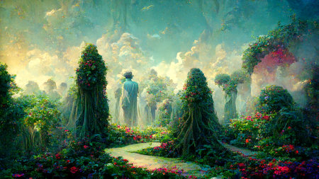 Illustration of the garden of Eden with trees, flowers and a footpath, idyllic landscapeの写真素材