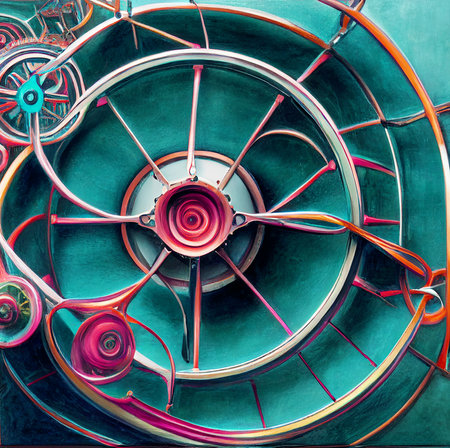 Illustration of colorful cogwheels, brainstorming and creative concept, gear wheels rotation in industrial mashine, business innovation and technologyの写真素材