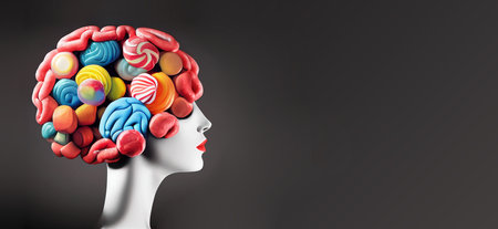 Illustration of a brain made from sweet colorful candys, unhealthy food and lifestyle, risk for obesity and diabetesの写真素材