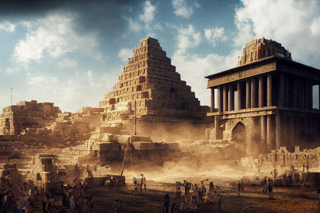 Acient city of Babylon with the tower of Babel, bible and religion, new testament, speech in...