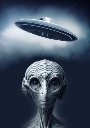 Illustration of an alien with a spaceship flying over the head, extraterrestrial invasion,...