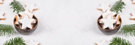 Cinnamon stars, traditional german christmas sweets, gingerbread coated with white sugar, winter seasonの写真素材