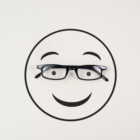 Head with a smiling face and eyeglasses, mental health concept, positive mindset, support and...