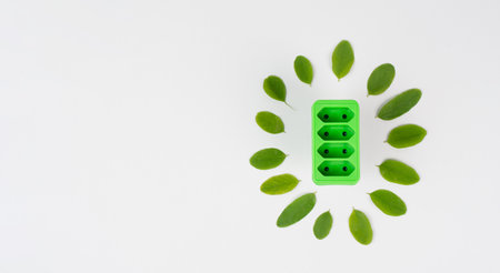 Green electricity socket owith leaves, sustainable renewable energy, csr concept, environment protection, eco technologyの写真素材