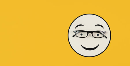 Head with a smiling face and eyeglasses, mental health concept, positive mindset, support and evaluation symbolの写真素材