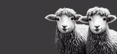 Two cute sheep, funny portrait of animal, livestock farmの写真素材