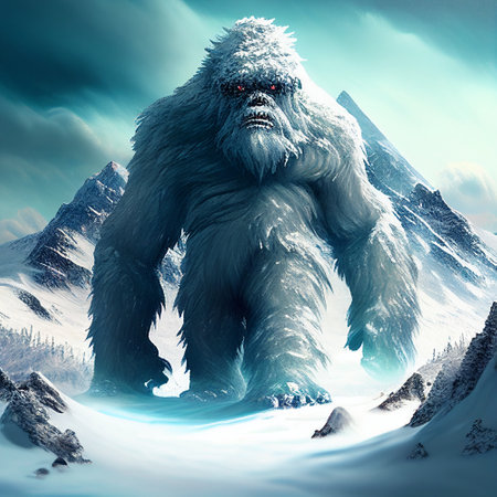 Yeti in the snow covered Himalaya mountains, mysterious furry creature walking in the frozen nature, Illustrationの写真素材