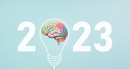 Idea for 2023 in progress, light bulb with human colorful brain, development and growth concept,...