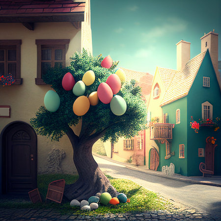 Idyllic village with easter decoration on the street, many colorful eggs under the tree, holiday...