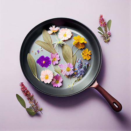 Spring flowers and green leaves in a frying pan on a pastel purple background, creative conceptの写真素材