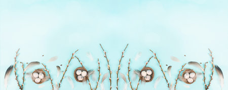 Easter eggs with willow branches and bird feathers, holiday greeting card, spring season background