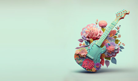 Guitar acoustic instrument with flowers, music passion concept, pastel colorsの写真素材