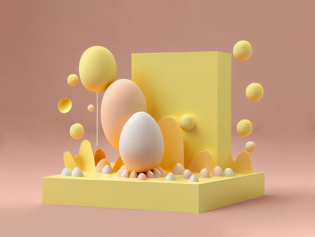 Podium platform 3d, yellow pastel spring color, easter eggs, product display and showcase, promotionの写真素材