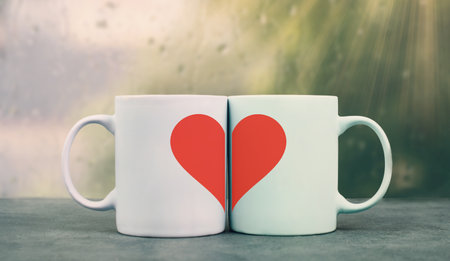 Mug couple with a huge heart on a window sill cuddle, cup of coffee, relationship and friendship concept, loveの写真素材