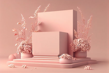 Podium platform 3d, pink pastel spring color, product display and showcase, promotionの写真素材