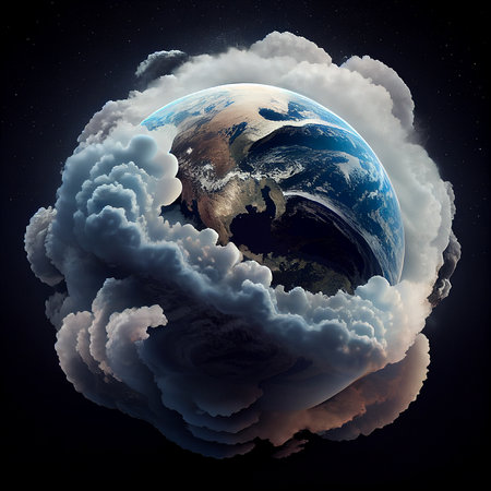 Planet earth covered with an artificial cloud to stop global warming and climate change, environment concept, generative AIの素材