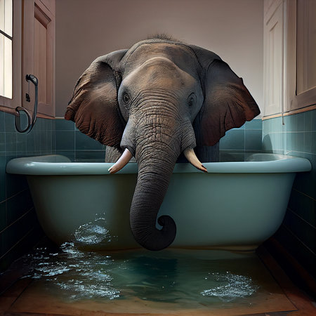 Elephant bathing in a bathtub, water splashes on the floor, animal in the room, generative AIの素材