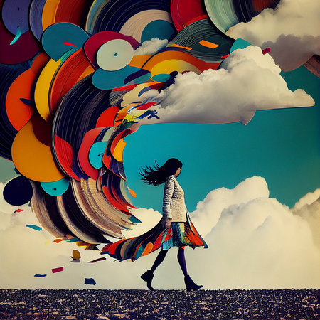 Woman connected to a huge colorful cloud with discs, positive optimistic attitude, hope and emotion concept, generative AIの素材