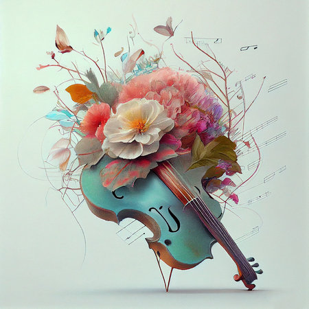 Violin acoustic instrument with flowers, music passion concept, pastel colors, generative AIの素材