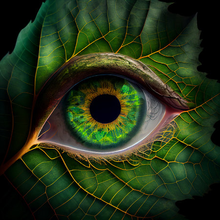 Huge eye in a green leaf, close up of the pupil and eyeball, surreal macro, connect to nature, generative AIの素材