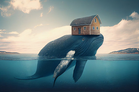 Big whale swimming under water, house on an island on his head, surreal maritime concept, generative AIの素材