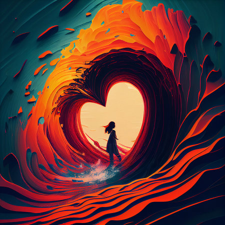 Colorful wave around woman, vibrant colors, ocean of love, positive attitude, heart of in the middle, generative AIの素材