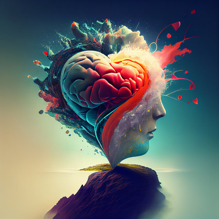 Brain with heart splash, love and passion, self esteem and mental health care concept, positive thinking, creative mind, generative AIの素材