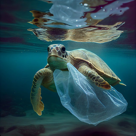 Sea turtle eating a plastic bag, environment pollution, filthy ocean by trash, danger to maritime animal, generative AIの素材