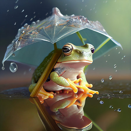 Green frog sitting under an umbrella with raindrops, rainy weather, puddle on the ground, amphibian animal, generative AIの素材