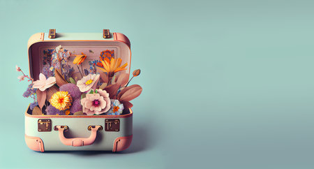 Suitcase filled with spring and summer flowers, pastel color, creative positive lifestyle, self care and traveling concept, generative AIの素材