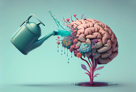 Human brain growing from a flower, watering can is pouring water on the mind, mental health concept, positive attitude, creative thinking, generative AIの素材
