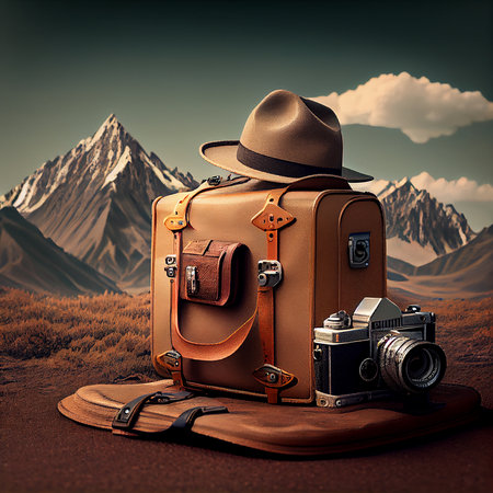 Suitcase with a camera and hat, hiking in the mountains, summer holiday feeling, retro style, travel concept, generative AIの素材