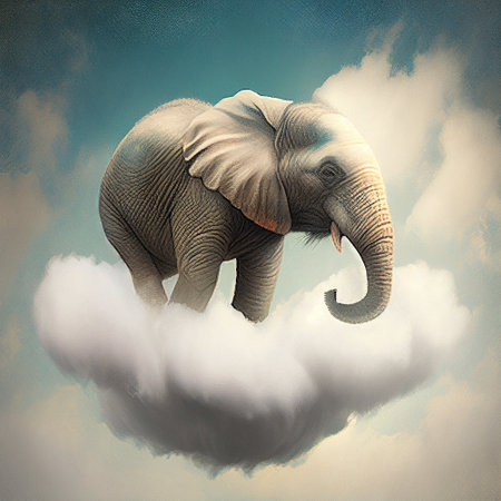 Huge elephant standing on a cloud in the blue sky, surreal creative animal concept, power and strength, generative AIの素材