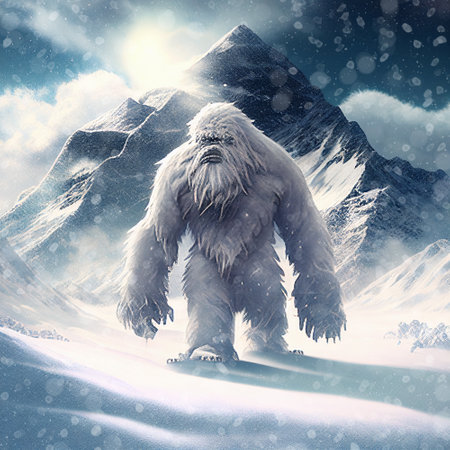 Yeti in the snow covered Himalaya mountains, mysterious furry creature walking in the frozen nature, illustration, gerative aiの素材