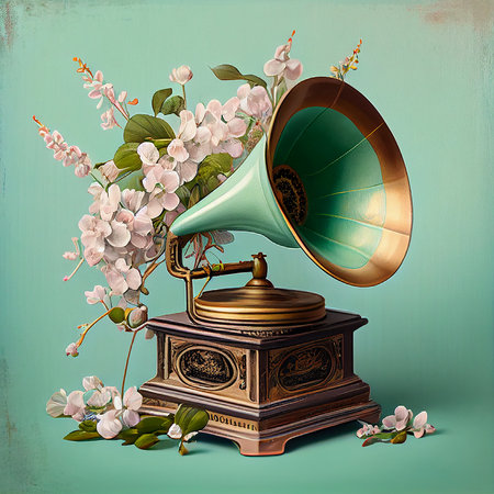 Gramophone with flowers, vintage retro music player, vinyl record, generative AIの素材